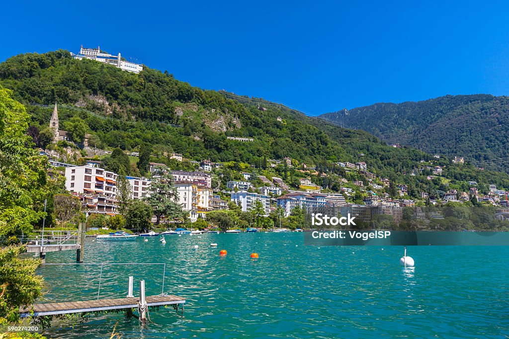 Beautiful view of Geneva lake and Montreux Beautiful view of  Geneva lake from Montreux city on a sunny summer day, Canton of Vaud, Switzerland Montreux Stock Photo