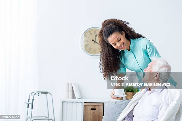 Female Caregiver Serving Afternoon Tea To Patient Stock Photo - Download Image Now - Home Caregiver, Assistant, Nursing Home