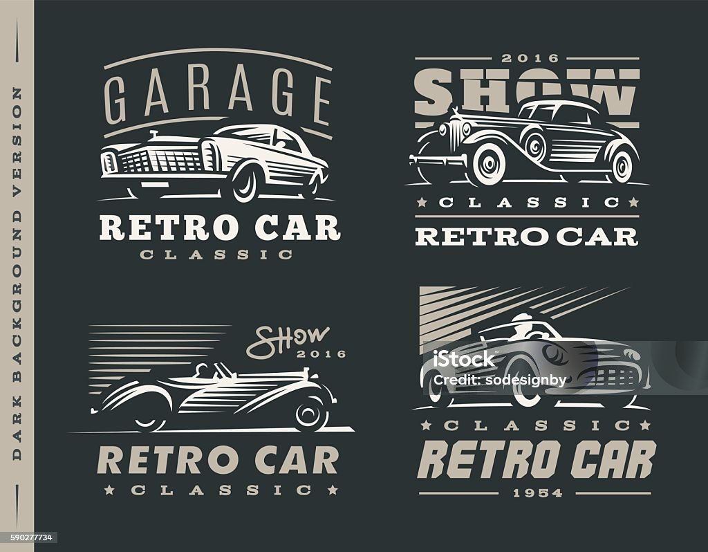 Classic car illustrations set on dark background. Car stock vector