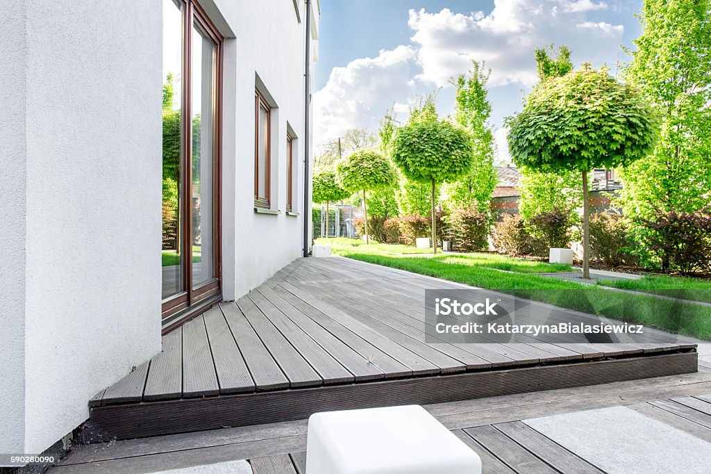 Relax at home garden White modern villa with patio and garden Yard - Grounds Stock Photo