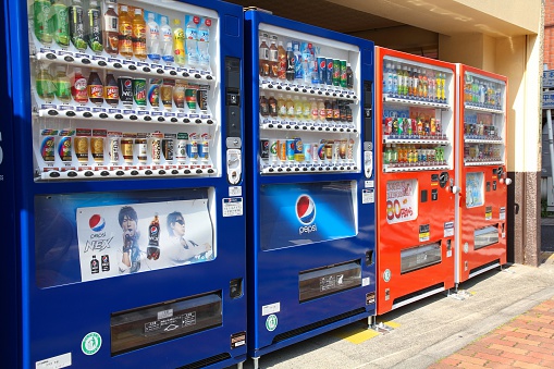 Tokyo, Japan - April 12, 2012: Multiple vending machines in Ueno, Tokyo. Japan is famous for its vending machines, with more than 5.5 million machines nationwide.