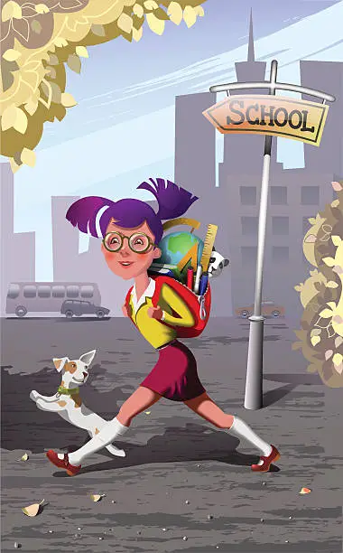 Vector illustration of the schoolgirl hurries in school. autumn