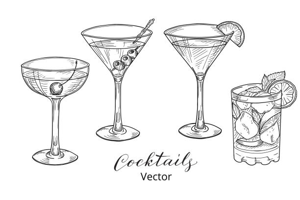 illustrazioni stock, clip art, cartoni animati e icone di tendenza di disegnato a mano libera gruppo di cocktail alcolici - cocktail martini olive vodka