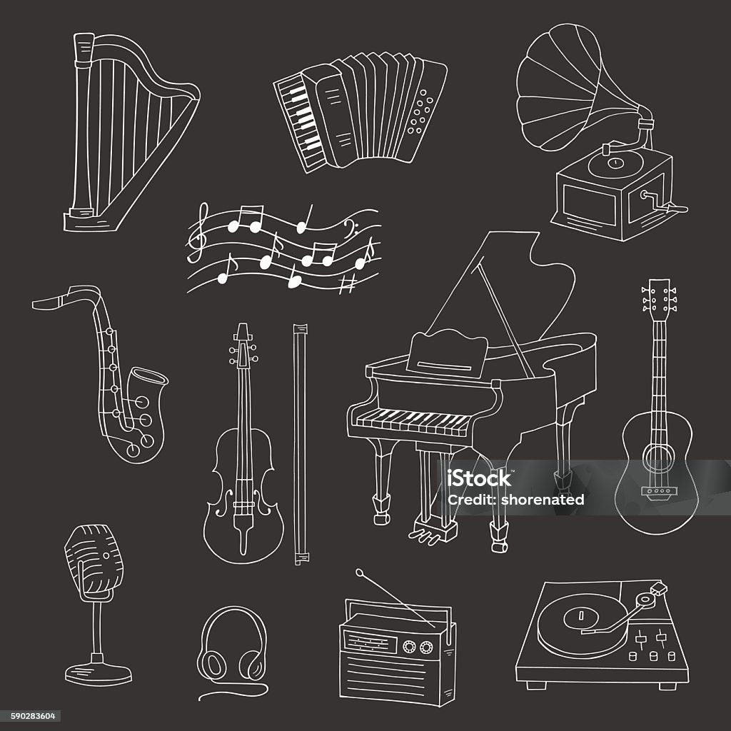 Musical instruments and symbols Music icon set vector illustrations hand drawn doodle. Musical instruments and symbols piano, guitar, accordion, gramophone, harp, saxophone, violin, music notes, microphone, headphones, vinyl. Doodle stock vector
