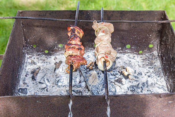 en picnic de verano en la parrilla sobre carbón cocinando carne. - unready fotografías e imágenes de stock