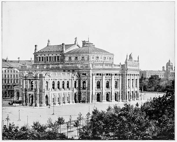 Burgtheater in Vienna, Austria in 1880s Photo of an original antique print from the Glimpses of the World by John L. Stoddard published in 1892. burgtheater vienna stock pictures, royalty-free photos & images
