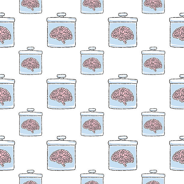 Brains In Jars Pattern Vector seamless pattern of brains in jars on a white background. brain jar stock illustrations