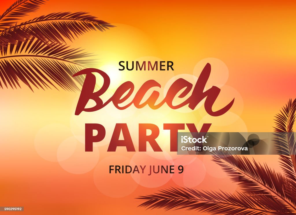 Beach party poster template with typographic elements Beach party poster template with typographic elements. Summer background with palm leaves and lettering. EPS10 vector illustration.  Beach stock vector