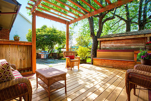 istock Backyard deck with wicker furniture and pergola. 590295252