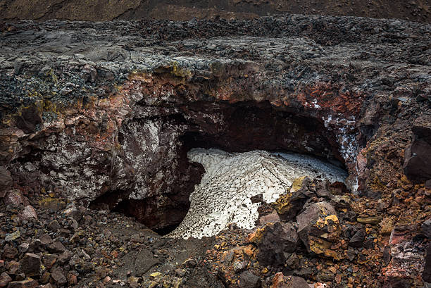 istock Lava pit between lava streams filled with snow 590296010