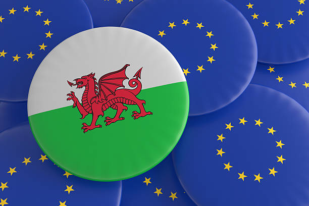 gales y la unión europea: bandera galesa insignias de la bandera de la ue, ilustración - welsh flag fotografías e imágenes de stock