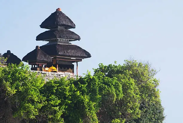 Pura Luhur Uluwatu Temple, Bali on cliffs above blue tropical sea