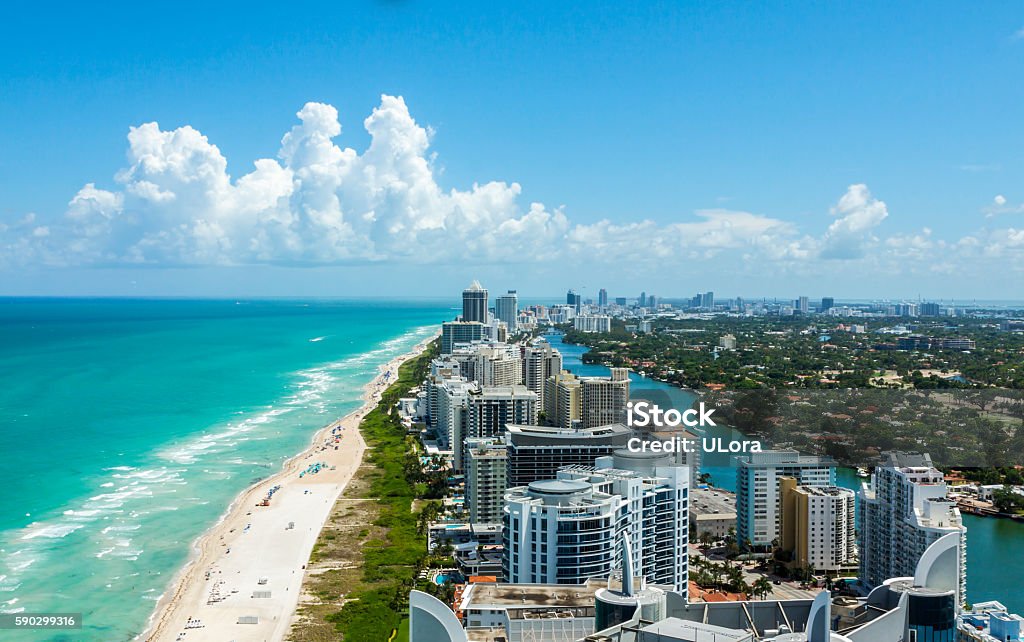 South Beach From Above Looking down South Beach in Miami. Full view of the beach on the left and the city on the right. Beautiful blue sky on a clear day.  Miami Stock Photo