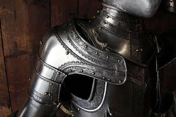 The detailed shoulder of a suit of armor at the Styrian Armory. 