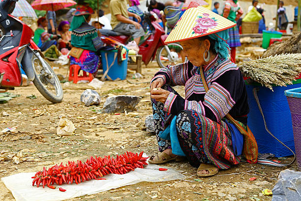 vecchia donna vietnamita che vende peperoncino - vietnam vietnamese culture vietnamese ethnicity north vietnam foto e immagini stock