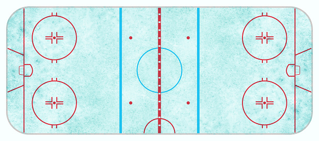 An aerial view of a blue textured ice hockey rink with regulation lines.