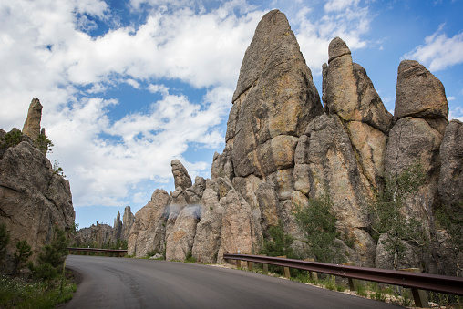 Needles Highway, a National Scenic Byway, passing through impressive granite spires at Custer State Park in South Dakota.