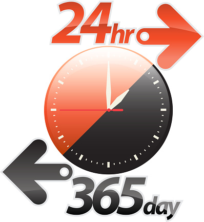 Orange black 24hr 365 day arrow, round the clock service sticker, icon, label, banner, sign isolated on white. Vector illustration.