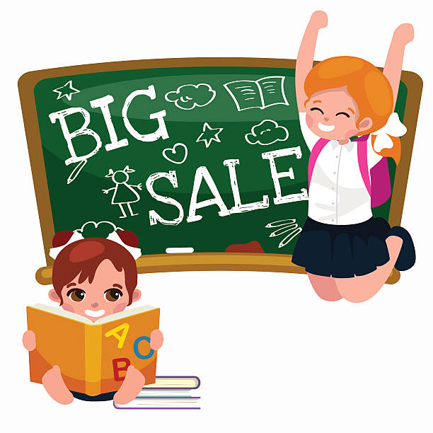 istock Back to School summer sale background. Boy and girl at 590586758