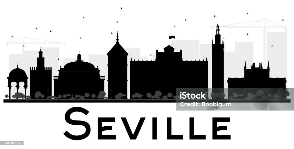Seville City skyline black and white silhouette. Seville City skyline black and white silhouette. Vector illustration. Simple flat concept for tourism presentation, banner, placard or web site. Business travel concept. Cityscape with landmarks Seville stock vector