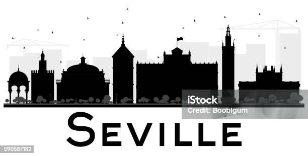 Seville City Skyline Black And White Silhouette Stock Illustration - Download Image Now - Seville, Urban Skyline, Andalusia