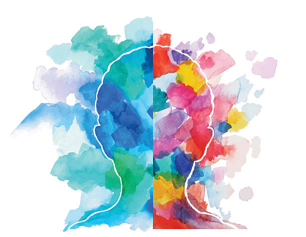 watercolor head logical vs creative thinking - mental health stock illustrations