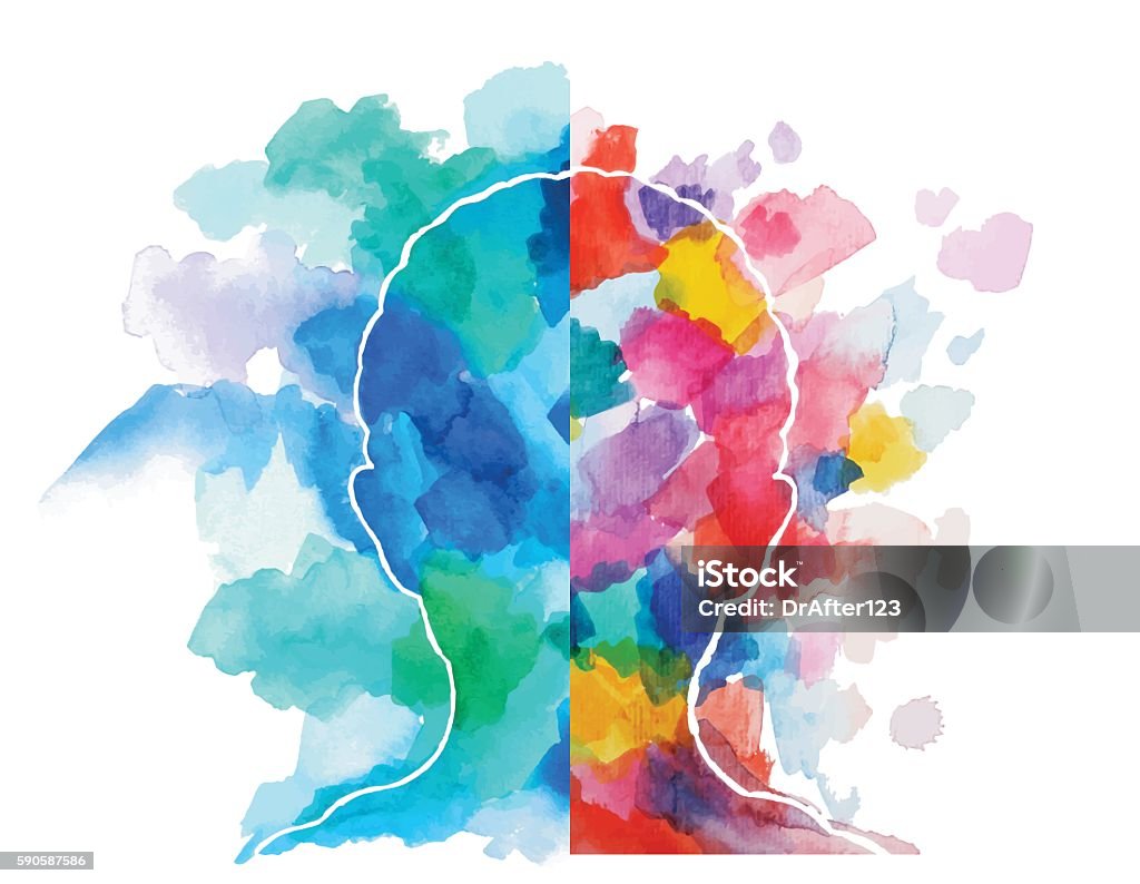 Watercolor Head Logical Vs Creative Thinking Abstract vector watercolor drawing of a child head showing logical and creative thinking. Mental Health stock vector