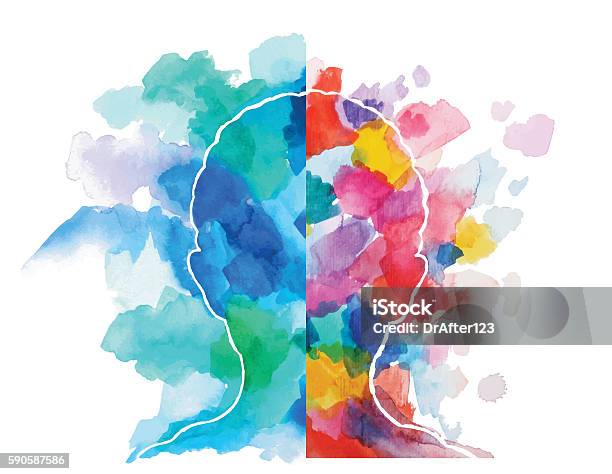 Watercolor Head Logical Vs Creative Thinking Stock Illustration - Download Image Now - Mental Health, Emotion, Child