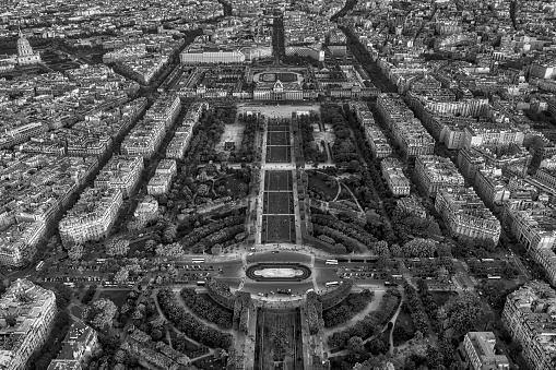 Aerial view of Paris. Black and white.