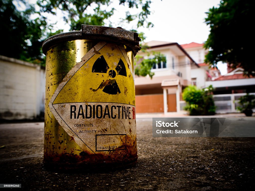Radioactive material in the city Old Radioactive material container in the city Radioactive Warning Symbol Stock Photo