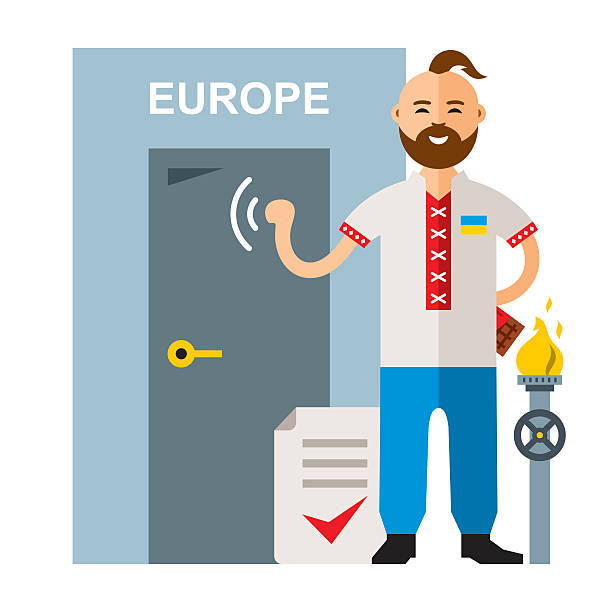 Vector Concept Membership in the European Union. Flat style colorful Ukrainian knocking at Europe Door. Isolated on a white background natural gas pipeline clip art stock illustrations