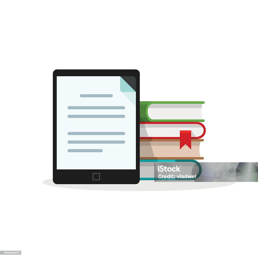 Concepto de biblioteca virtual, pila de libros detrás de la tableta lectora de libros electrónicos - arte vectorial de Lector de libros electrónicos libre de derechos