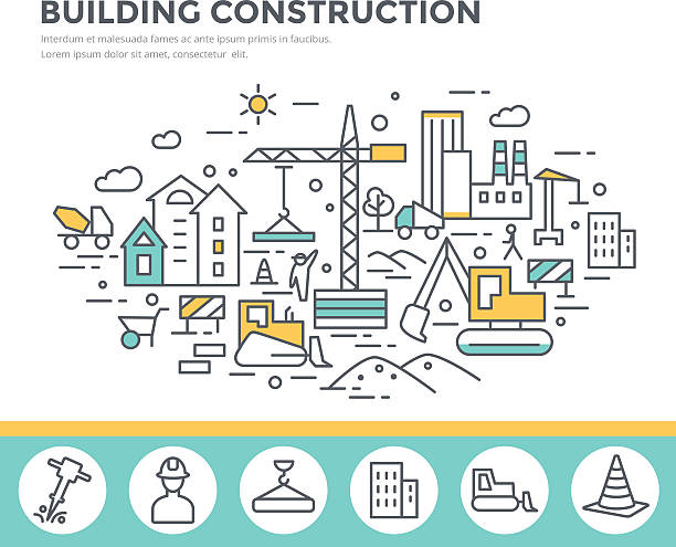 Building construction concept illustration. Building construction concept illustration with workers and machines , thin line flat design vector template building contractor illustrations stock illustrations