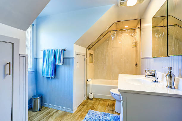 istock White and blue bathroom with shower and vaulted ceiling 590591472