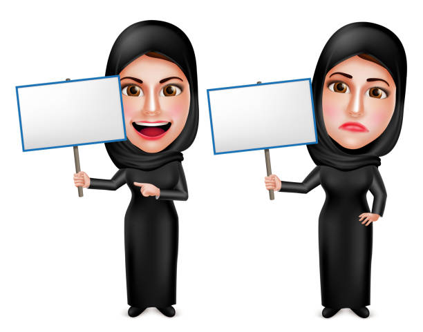 ilustrações, clipart, desenhos animados e ícones de personagens de vetor árabe muçulmanos segurando placa de cartaz branco vazia - middle eastern ethnicity teenage girls women sadness