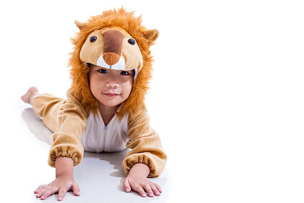 istock Cute asian boy dressed in lion suit. Isolated on white. 590596002