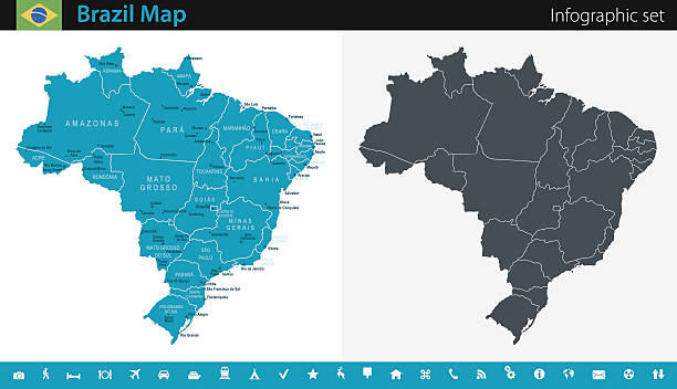 Brazil Map - Infographic Set Vector maps of the Brazil with variable specification and icons The urls of the reference files are (country, continent, world map and globe): http://www.lib.utexas.edu/maps/americas/brazil.jpg http://www.lib.utexas.edu/maps/world_maps/time_zones_ref_2011.pdf - The illustration was completed February 23, 2016 and created in Corel Draw - 1 layer of data used for the detailed outline of the land rio parana stock illustrations