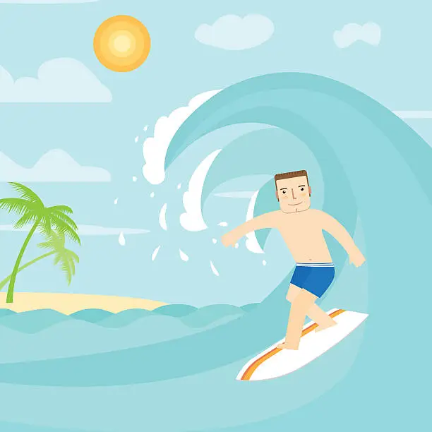 Vector illustration of The man surfing on the ocean.