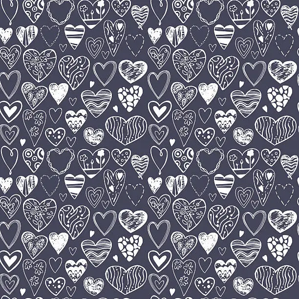 Vector illustration of Seamless pattern with doodle chalk hearts.