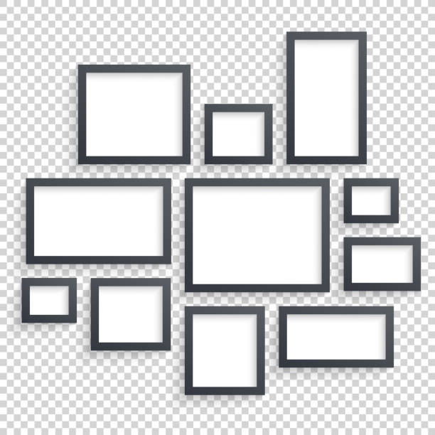 Picture frames vector. Photo art gallery. Dark Blank Collection on Picture frames vector. Photo art gallery. Dark Blank Frames Collection on Wall with Transparent Realistic Shadow. Modern Decor gallery picture frames wall set pictures stock illustrations