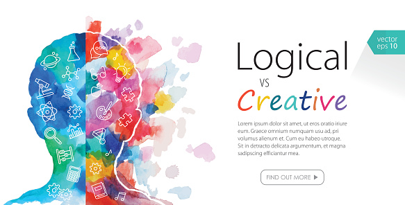 Abstract vector banner template depicting logical and creative thinking including education relating icons set.