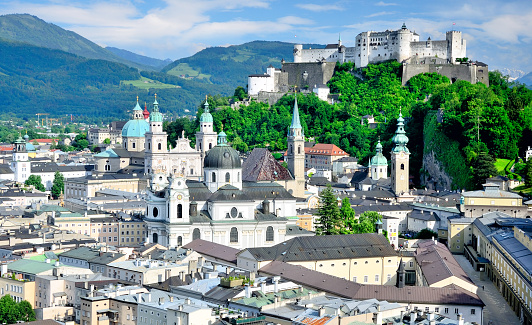 Beautiful view of the historic city of Salzburg with Festung Hohensalzburg in summer, Salzburger Land, Austria. Panoramic summer cityscape of Salzburg, Old City, birthplace of famed composer Mozart.