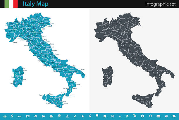 Italy Map - Infographic Set Vector maps of the Italy with variable specification and icons  The urls of the reference files are (country, continent, world map and globe):  http://www.lib.utexas.edu/maps/europe/italy_admin_06.jpg http://www.lib.utexas.edu/maps/world_maps/time_zones_ref_2011.pdf  - The illustration was completed January 24, 2016 and created in Corel Draw  - 1 layer of data used for the detailed outline of the land italy stock illustrations