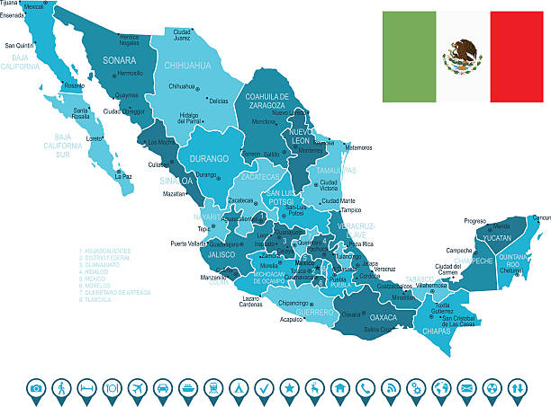 Mexico Map and Navigation Icons Blue Map of Mexico and Navigation Icons The urls of the reference files are (country, continent, world map and globe): http://www.lib.utexas.edu/maps/americas/mexico_pol97.jpg http://www.lib.utexas.edu/maps/world_maps/time_zones_ref_2011.pdf http://www.lib.utexas.edu/maps/americas/north_america_ref_2010.pdf. In addition - some region boundaries and city locations were taken from: http://www.lib.utexas.edu/maps/united_states/usa_pol01.jpg http://www.lib.utexas.edu/maps/americas/mexico_pol97.jpg http://www.lib.utexas.edu/maps/americas/canada_pol_1986.gif - The illustration was completed May 20, 2016 and created in Corel Draw - 1 layer of data used for the detailed outline of the land tijuana flag stock illustrations
