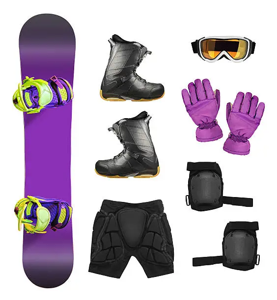Set of snowboard equipment and protection accessories isolated on white background