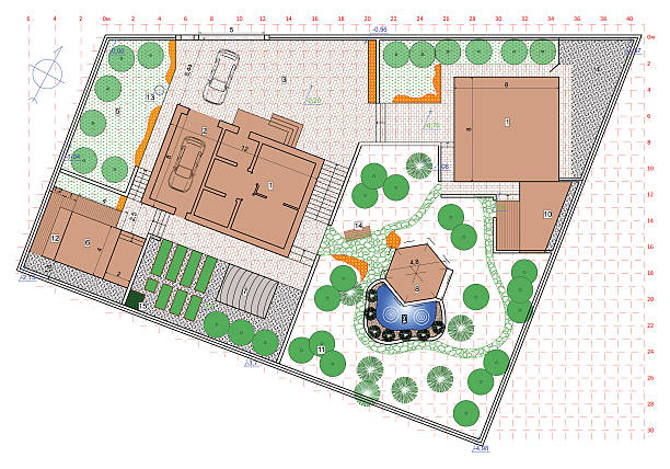 ilustrações, clipart, desenhos animados e ícones de plano de terra de jardim - drawing compass architect blueprint planning