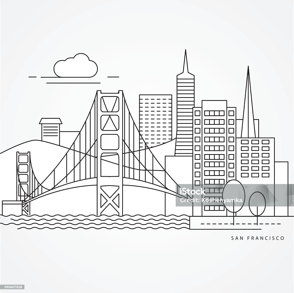 Linear illustration of San Francisco, USA. Linear illustration of San Francisco, USA. Flat one line style. Line art Web logo on blurred background. Golden Gate Bridge stock vector