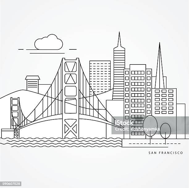 Linear Illustration Of San Francisco Usa Stock Illustration - Download Image Now - Golden Gate Bridge, Urban Skyline, Illustration