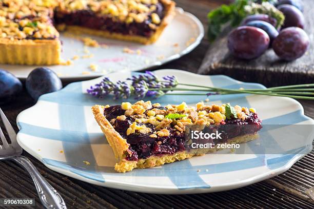 Homemade Organic Plum Pie On Wooden Background Stock Photo - Download Image Now - Autumn, Baked, Baked Pastry Item