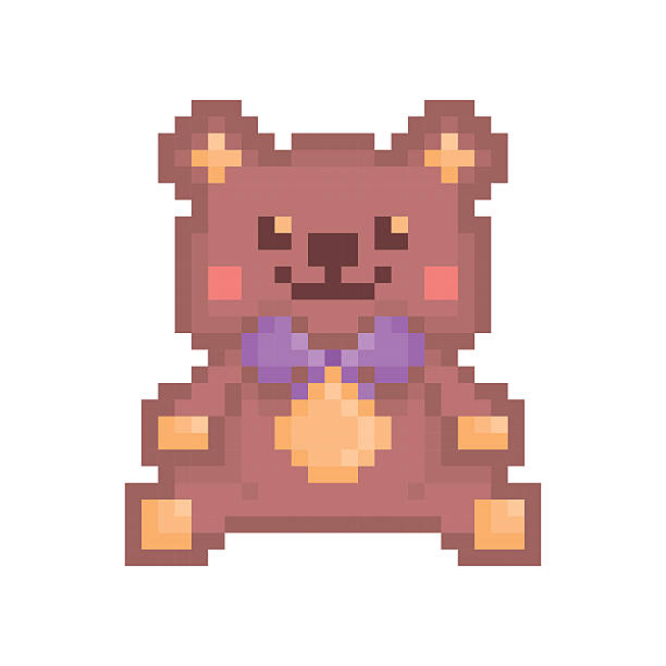 Pixel art sitting brown toy bear icon Vector pixel art illustration, kind smiling and blushing sitting stuffed brown toy bear with violet bow isolated on white background. Teddy bear icon. stomach knot stock illustrations